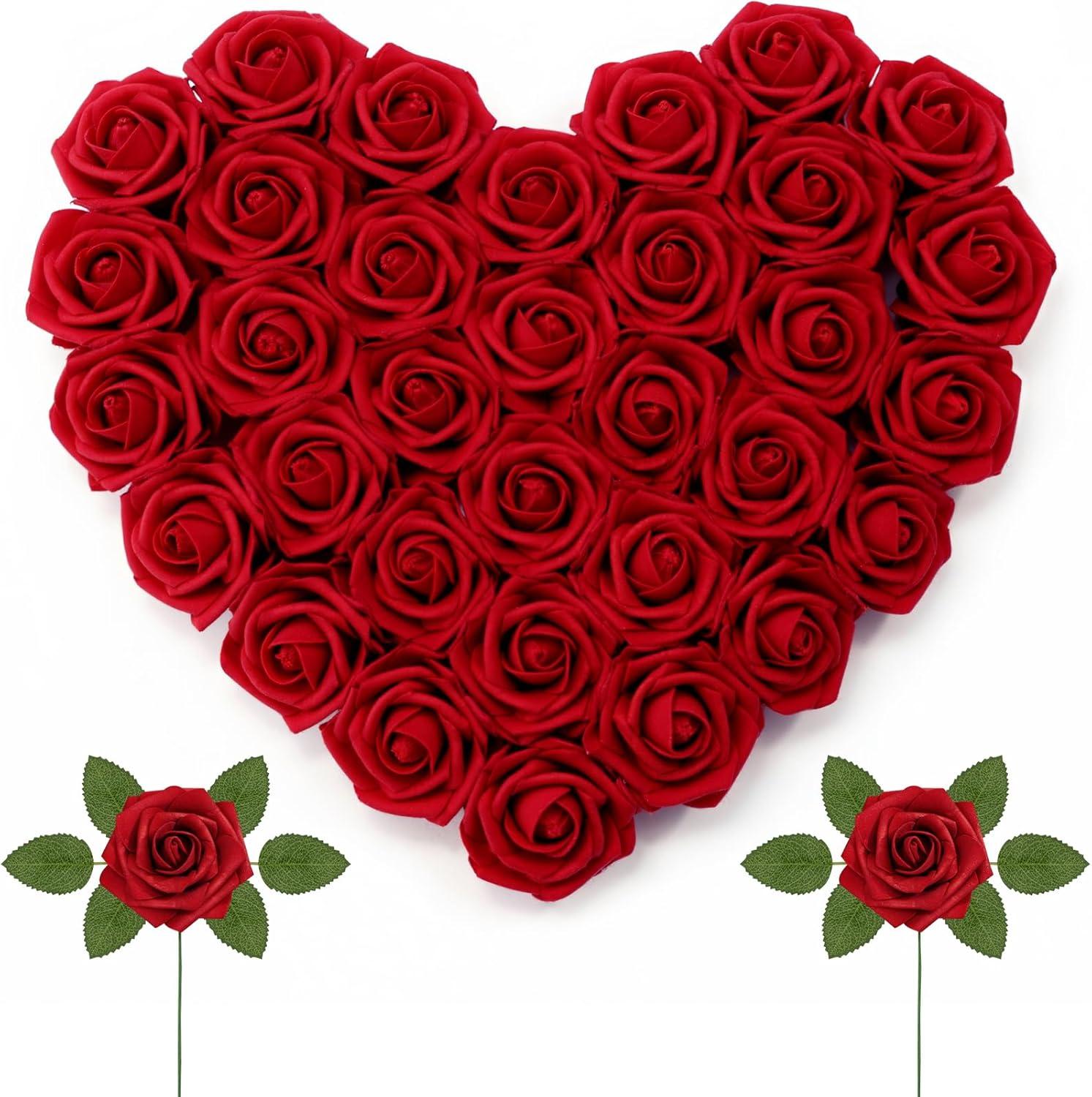 imageLifewit Artificial Flowers 25 Pcs Ivory Foam Real Looking Roses with Stems Fake Roses for DIY Wedding Bouquets Centerpieces Arrangements Valentine DecorationsDark Red