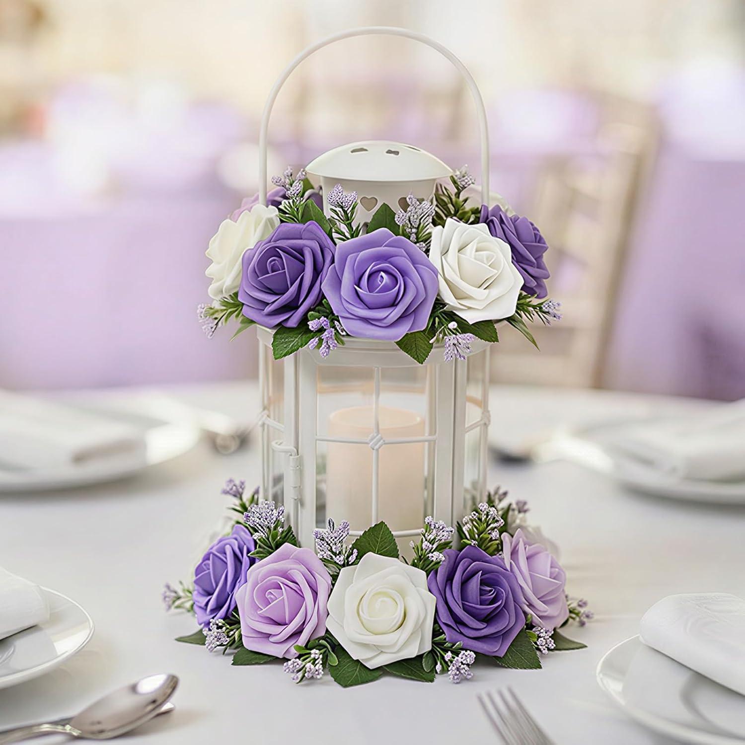 imageLifewit Artificial Flowers 25 Pcs Ivory Foam Real Looking Roses with Stems Fake Roses for DIY Wedding Bouquets Centerpieces Arrangements Valentine DecorationsIvory Purple Mix
