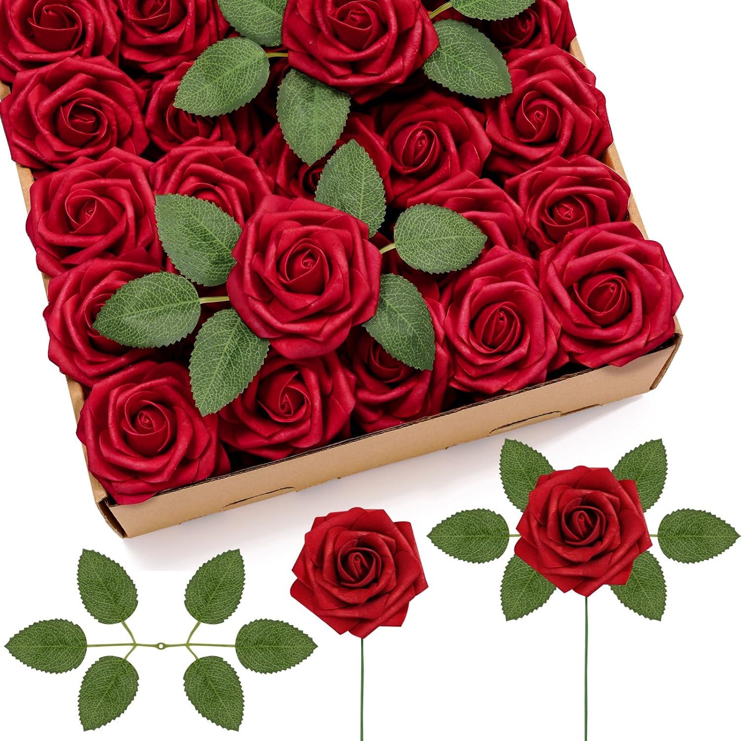 imageLifewit Artificial Flowers 25 Pcs Ivory Foam Real Looking Roses with Stems Fake Roses for DIY Wedding Bouquets Centerpieces Arrangements Valentine DecorationsDark Red