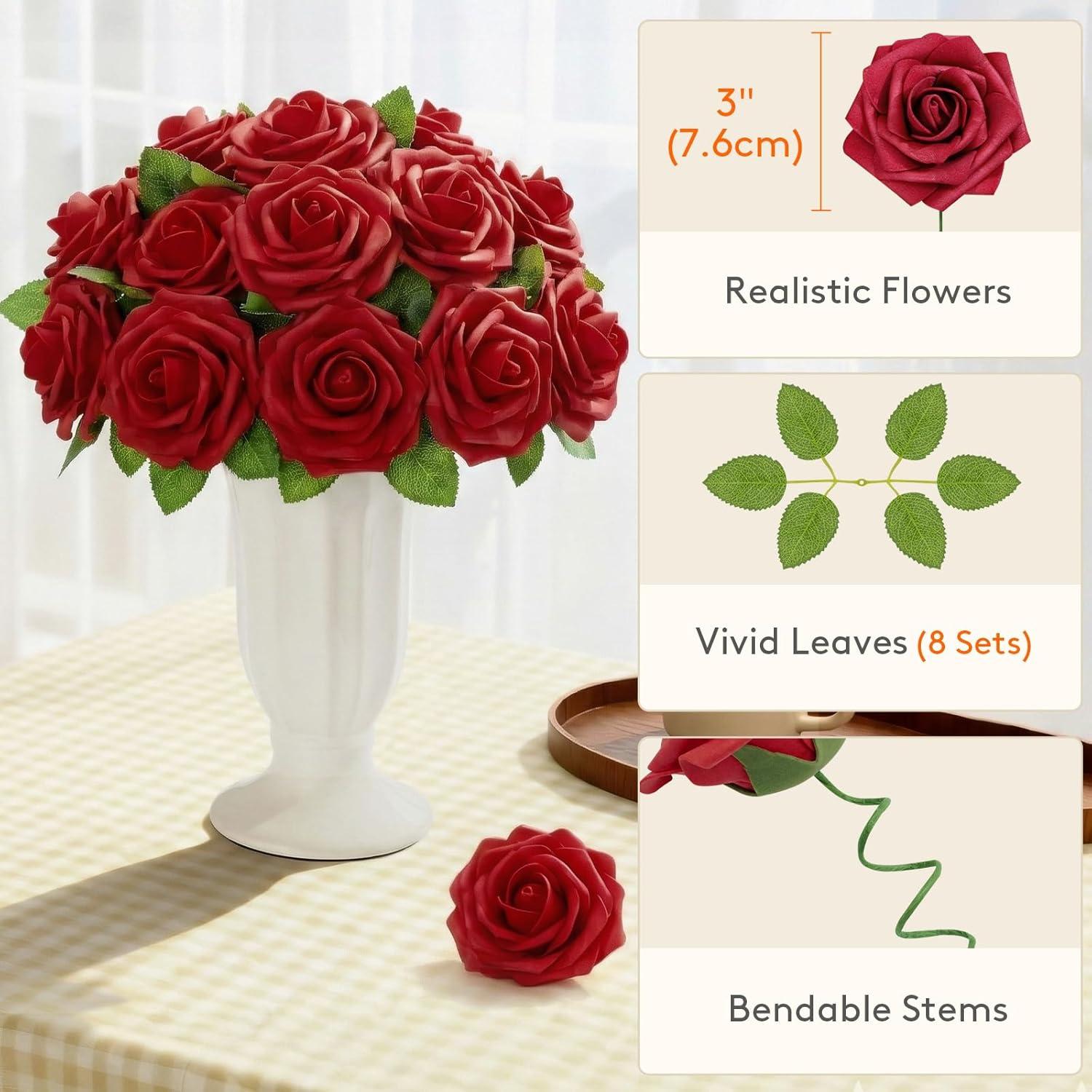 imageLifewit Artificial Flowers 25 Pcs Ivory Foam Real Looking Roses with Stems Fake Roses for DIY Wedding Bouquets Centerpieces Arrangements Valentine DecorationsDark Red