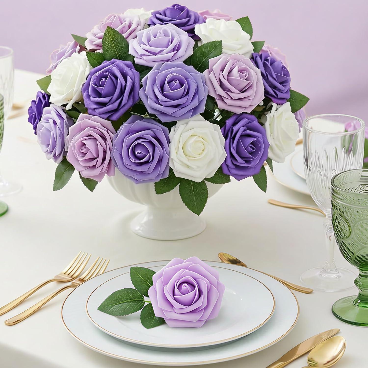 imageLifewit Artificial Flowers 25 Pcs Ivory Foam Real Looking Roses with Stems Fake Roses for DIY Wedding Bouquets Centerpieces Arrangements Valentine DecorationsIvory Purple Mix