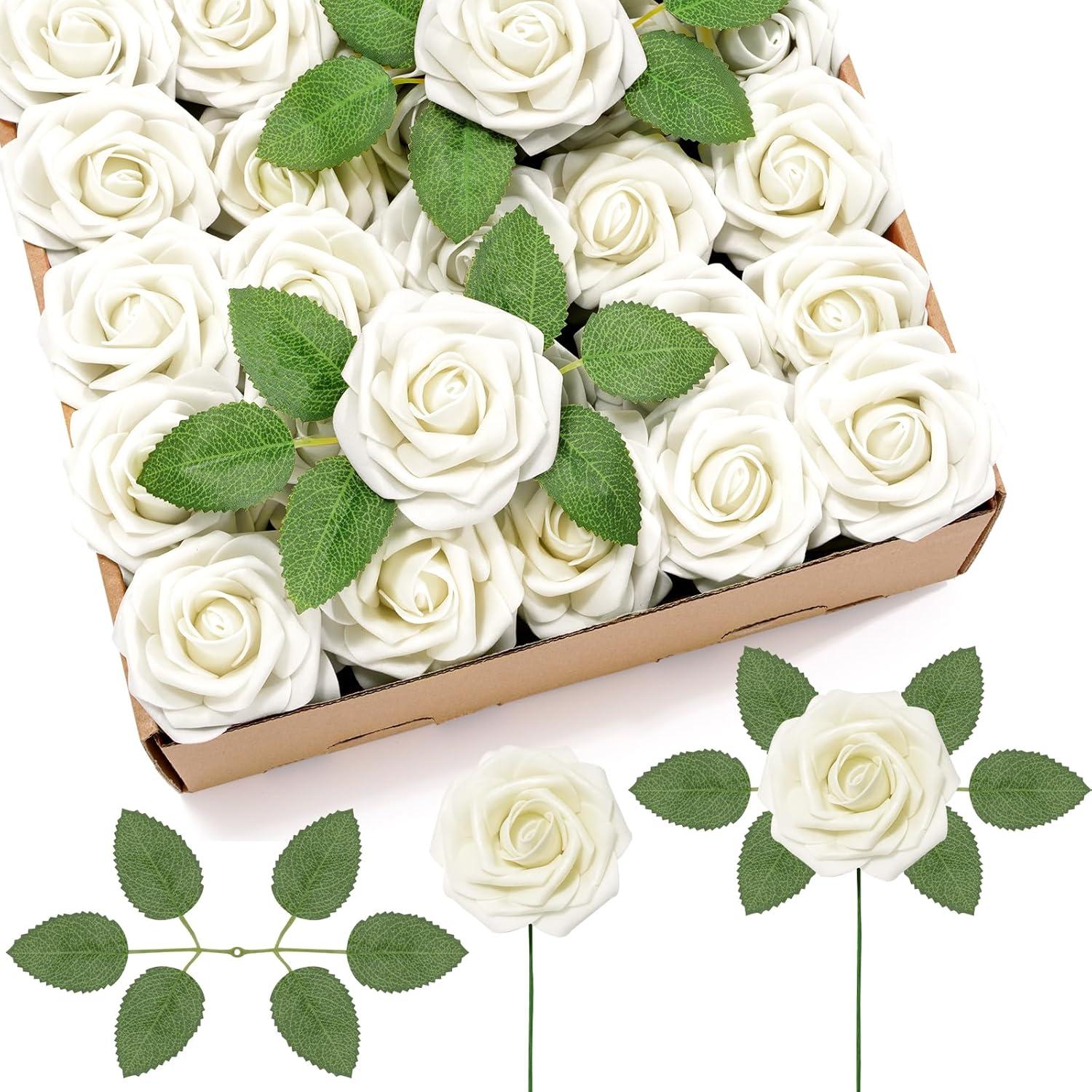 imageLifewit Artificial Flowers 25 Pcs Ivory Foam Real Looking Roses with Stems Fake Roses for DIY Wedding Bouquets Centerpieces Arrangements Valentine DecorationsIvory