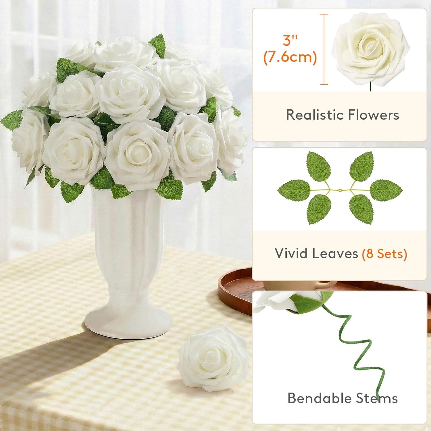 imageLifewit Artificial Flowers 25 Pcs Ivory Foam Real Looking Roses with Stems Fake Roses for DIY Wedding Bouquets Centerpieces Arrangements Valentine DecorationsIvory
