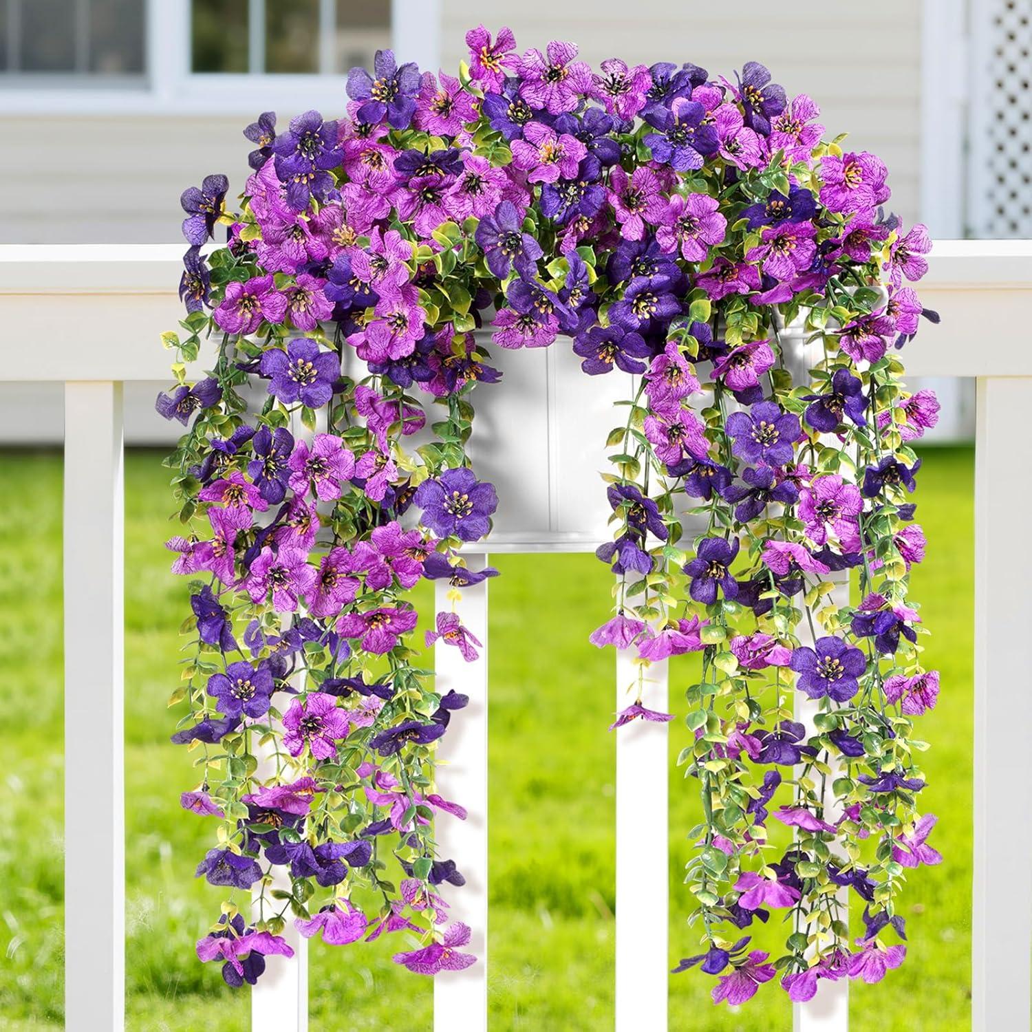 imageLifewit Artificial Hanging Daisy Flowers UV Resistant Plastic Fake Flowers for Outdoor Indoor Garden Porch Patio Balcony Decor 2 Upright Stems 2 Hanging Vines Combo Double Purple6 Pcs