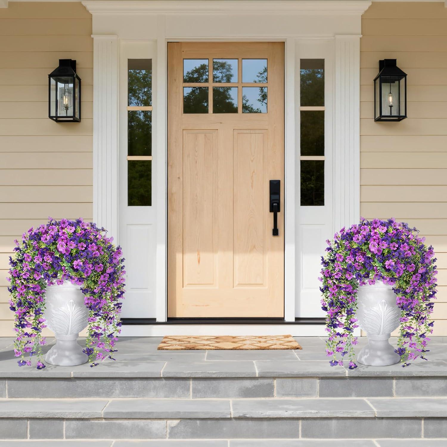 imageLifewit Artificial Hanging Daisy Flowers UV Resistant Plastic Fake Flowers for Outdoor Indoor Garden Porch Patio Balcony Decor 2 Upright Stems 2 Hanging Vines Combo Double Purple4 Pcs