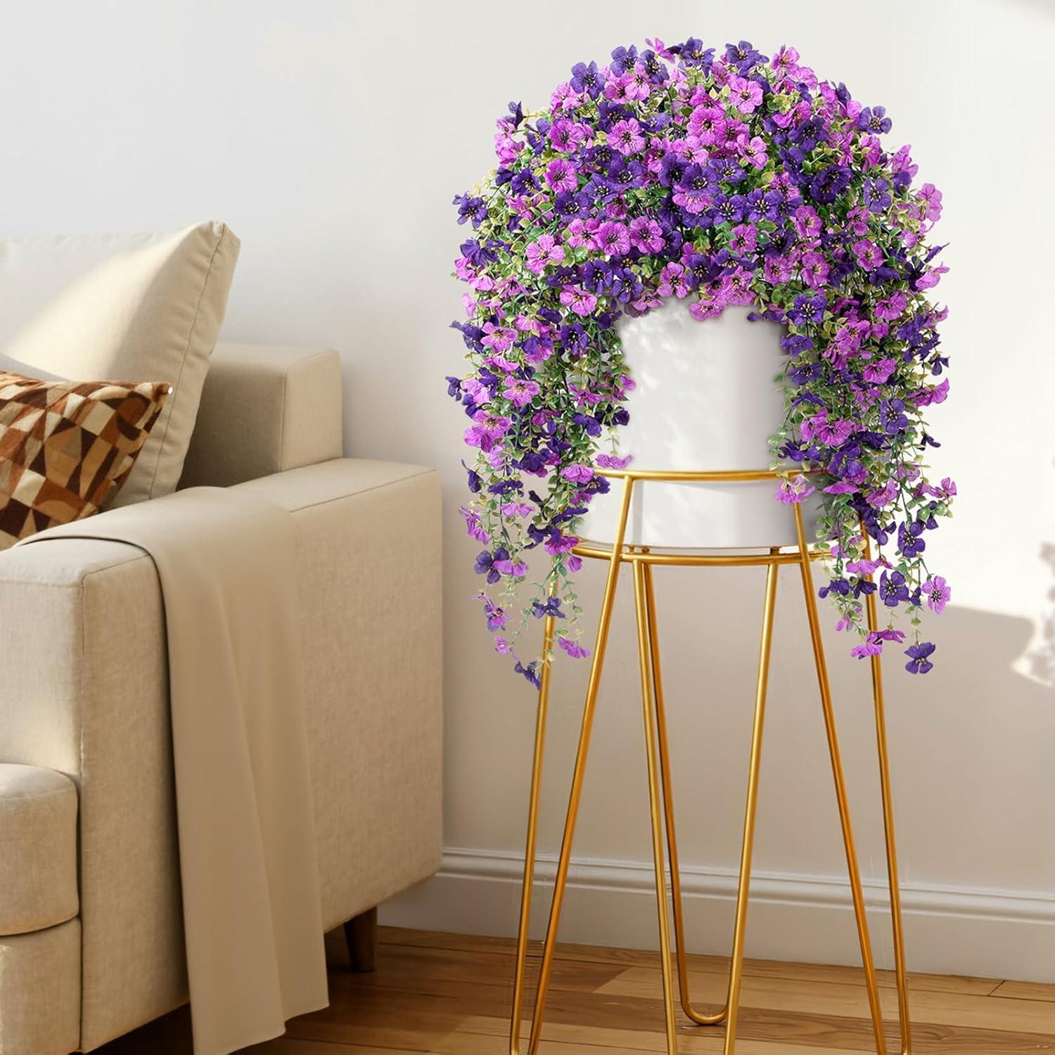 imageLifewit Artificial Hanging Daisy Flowers UV Resistant Plastic Fake Flowers for Outdoor Indoor Garden Porch Patio Balcony Decor 2 Upright Stems 2 Hanging Vines Combo Double Purple4 Pcs