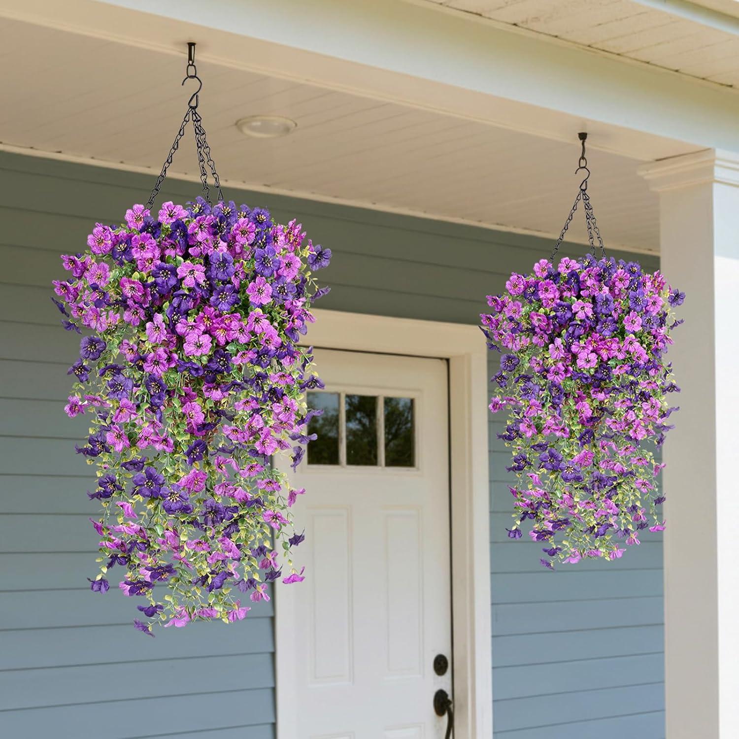 imageLifewit Artificial Hanging Daisy Flowers UV Resistant Plastic Fake Flowers for Outdoor Indoor Garden Porch Patio Balcony Decor 2 Upright Stems 2 Hanging Vines Combo Double Purple6 Pcs