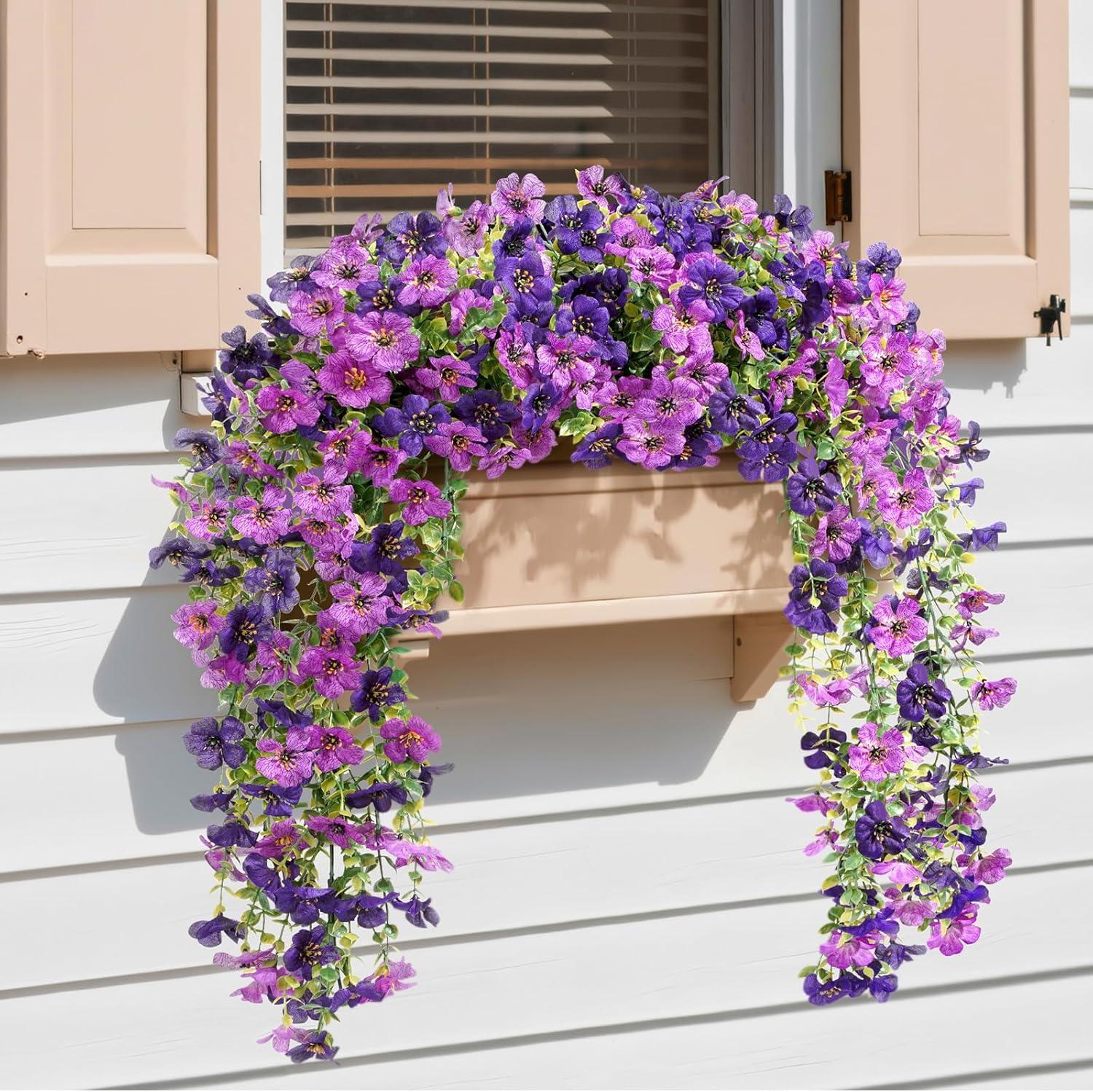 imageLifewit Artificial Hanging Daisy Flowers UV Resistant Plastic Fake Flowers for Outdoor Indoor Garden Porch Patio Balcony Decor 2 Upright Stems 2 Hanging Vines Combo Double Purple4 Pcs