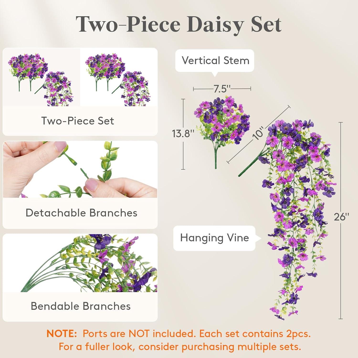 imageLifewit Artificial Hanging Daisy Flowers UV Resistant Plastic Fake Flowers for Outdoor Indoor Garden Porch Patio Balcony Decor 2 Upright Stems 2 Hanging Vines Combo Double Purple6 Pcs