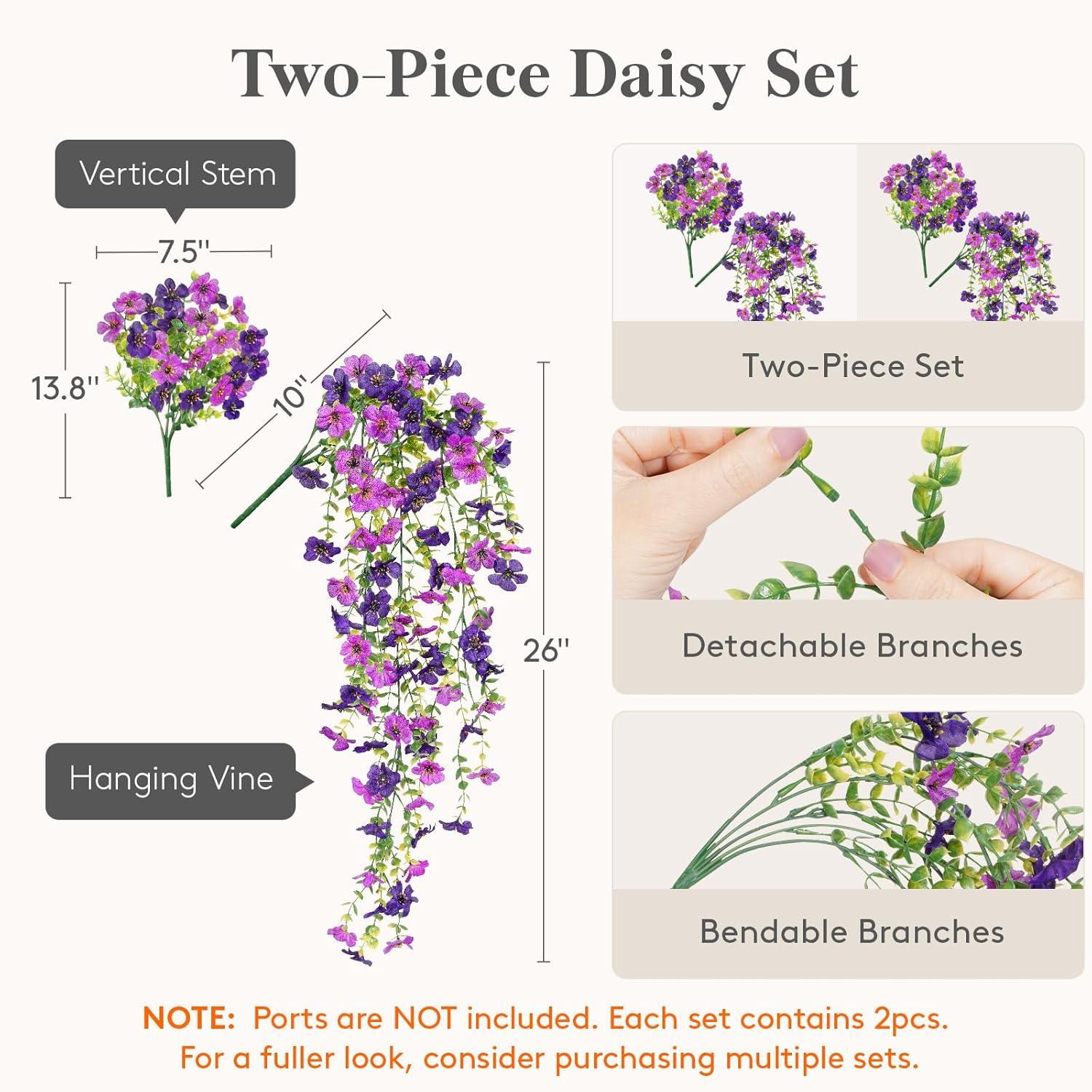 imageLifewit Artificial Hanging Daisy Flowers UV Resistant Plastic Fake Flowers for Outdoor Indoor Garden Porch Patio Balcony Decor 2 Upright Stems 2 Hanging Vines Combo Double Purple4 Pcs