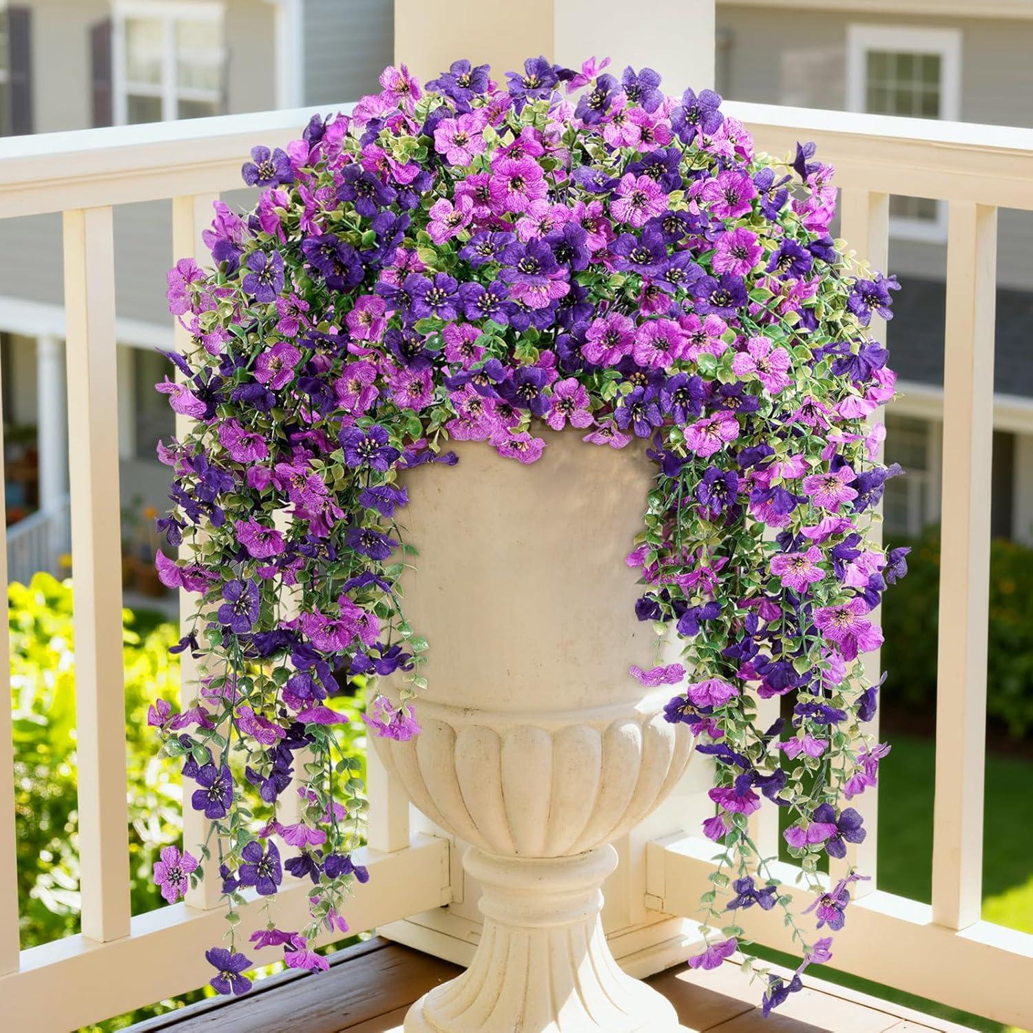 imageLifewit Artificial Hanging Daisy Flowers UV Resistant Plastic Fake Flowers for Outdoor Indoor Garden Porch Patio Balcony Decor 2 Upright Stems 2 Hanging Vines Combo Double Purple4 Pcs