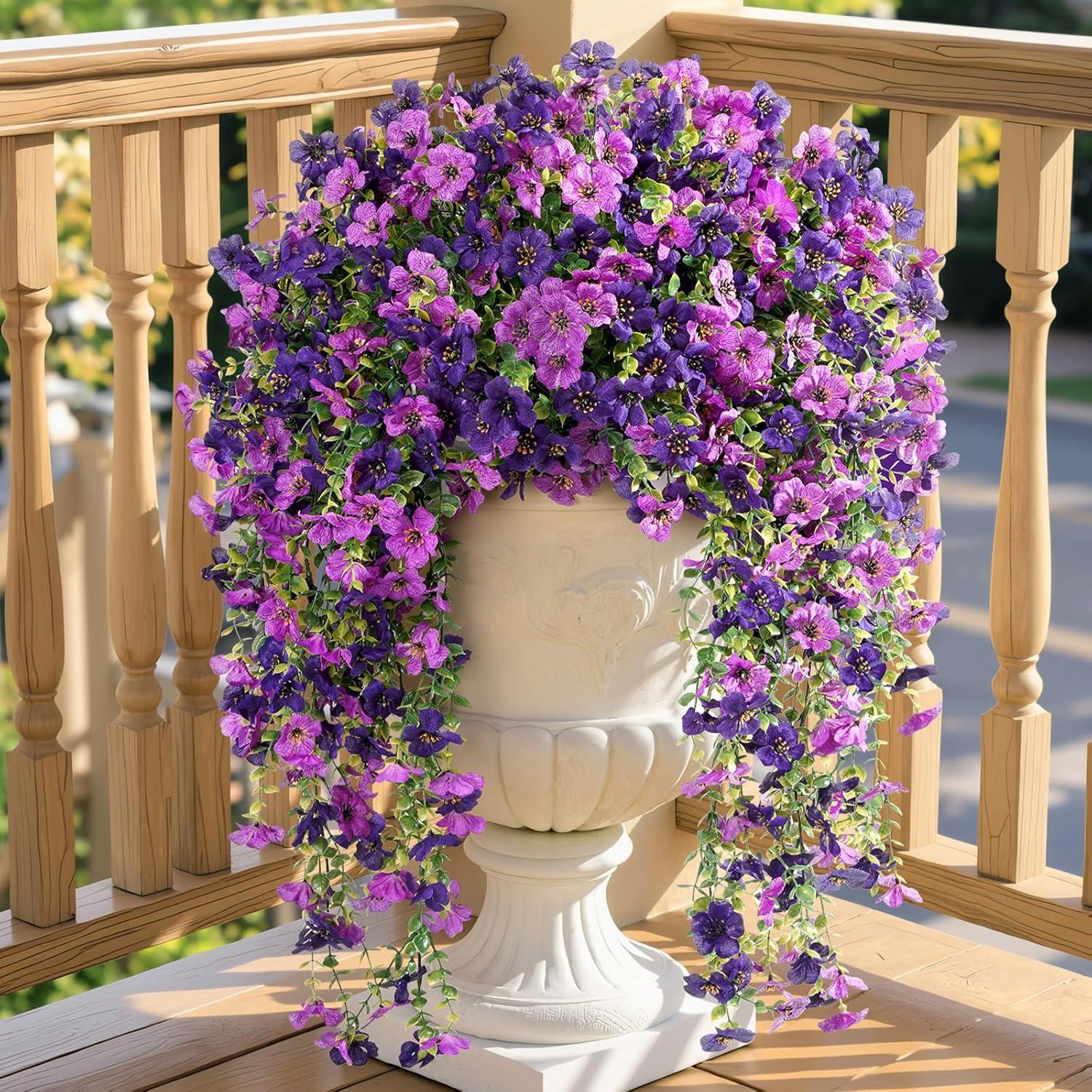 imageLifewit Artificial Hanging Daisy Flowers UV Resistant Plastic Fake Flowers for Outdoor Indoor Garden Porch Patio Balcony Decor 2 Upright Stems 2 Hanging Vines Combo Double Purple6 Pcs