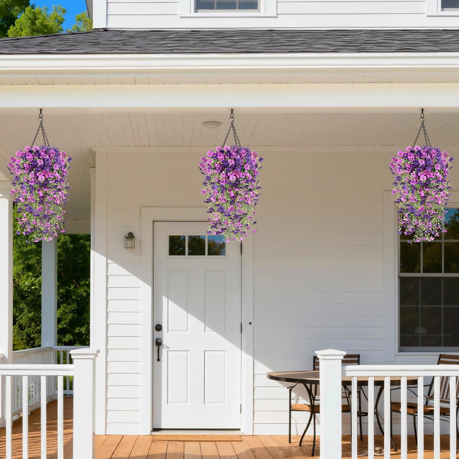 imageLifewit Artificial Hanging Daisy Flowers UV Resistant Plastic Fake Flowers for Outdoor Indoor Garden Porch Patio Balcony Decor 2 Upright Stems 2 Hanging Vines Combo Double Purple4 Pcs