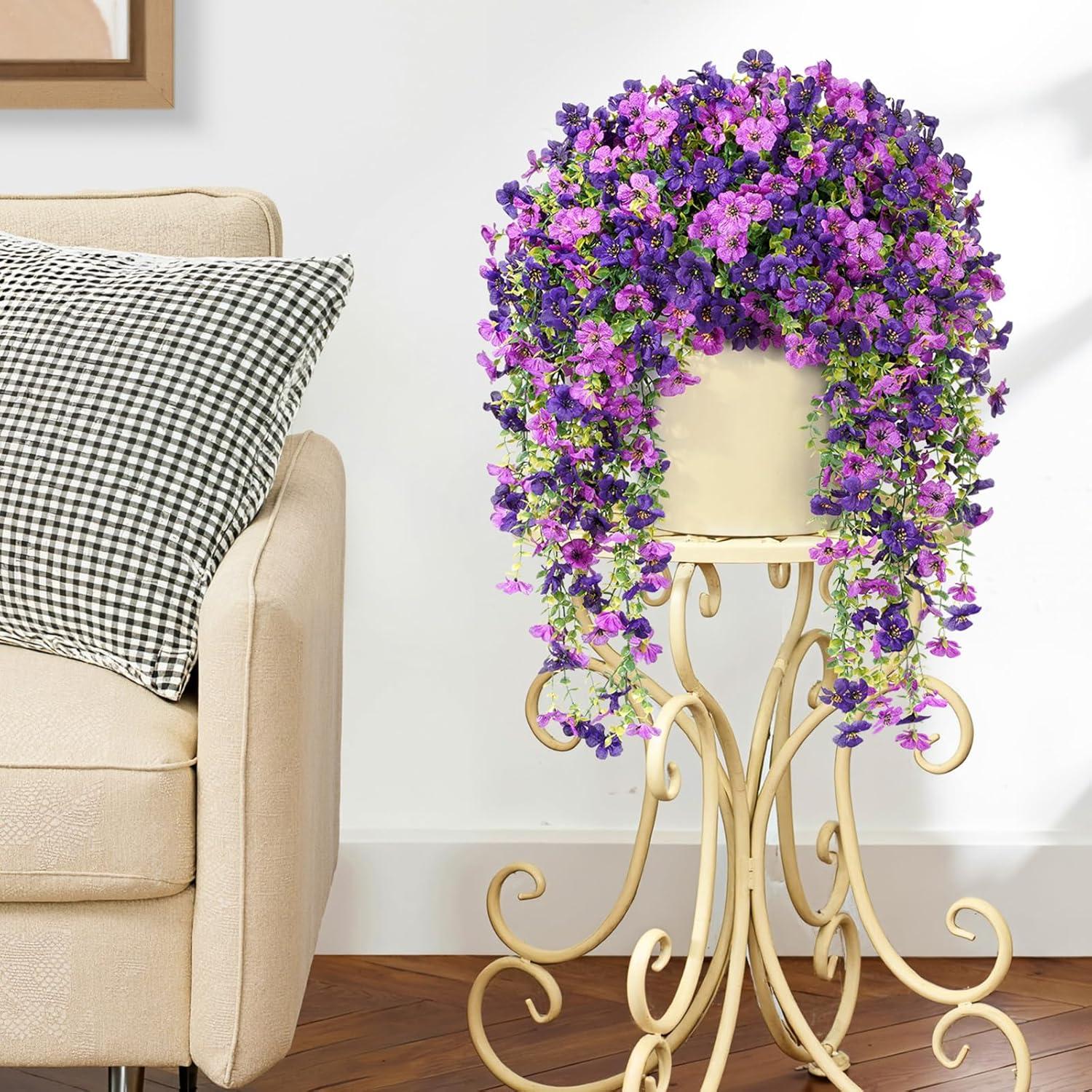 imageLifewit Artificial Hanging Daisy Flowers UV Resistant Plastic Fake Flowers for Outdoor Indoor Garden Porch Patio Balcony Decor 2 Upright Stems 2 Hanging Vines Combo Double Purple6 Pcs