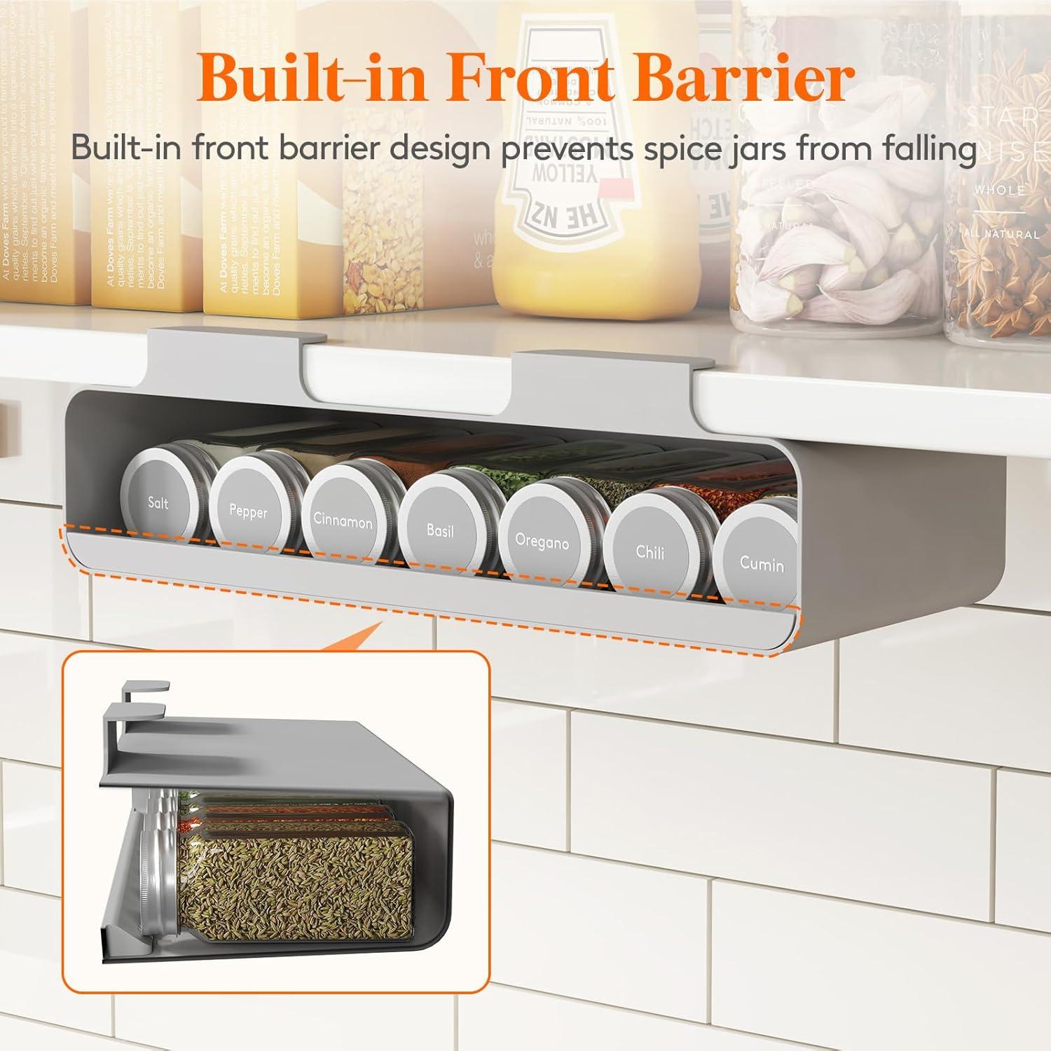 imageLifewit Under Cabinet Spice Rack Organizer with 7 Jars Lables Under Shelf Easy Refilling with Silicone FunnelSeasoning Organizer for Kitchen Storage Solution Gray