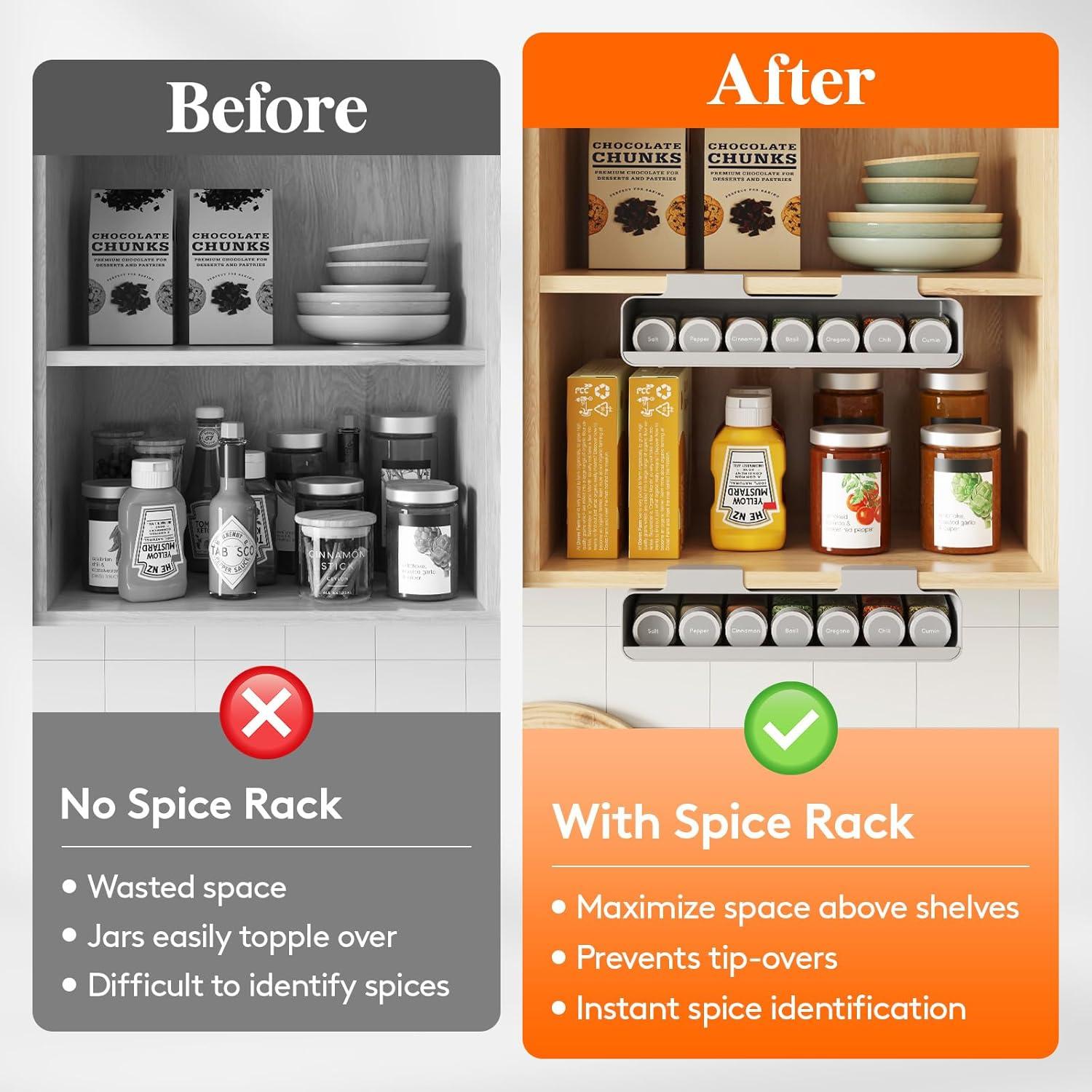 imageLifewit Under Cabinet Spice Rack Organizer with 7 Jars Lables Under Shelf Easy Refilling with Silicone FunnelSeasoning Organizer for Kitchen Storage Solution Gray