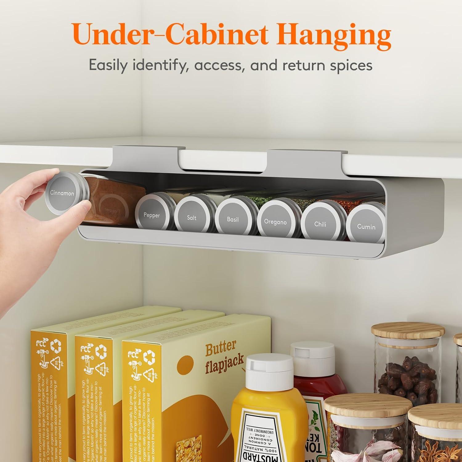 imageLifewit Under Cabinet Spice Rack Organizer with 7 Jars Lables Under Shelf Easy Refilling with Silicone FunnelSeasoning Organizer for Kitchen Storage Solution Gray