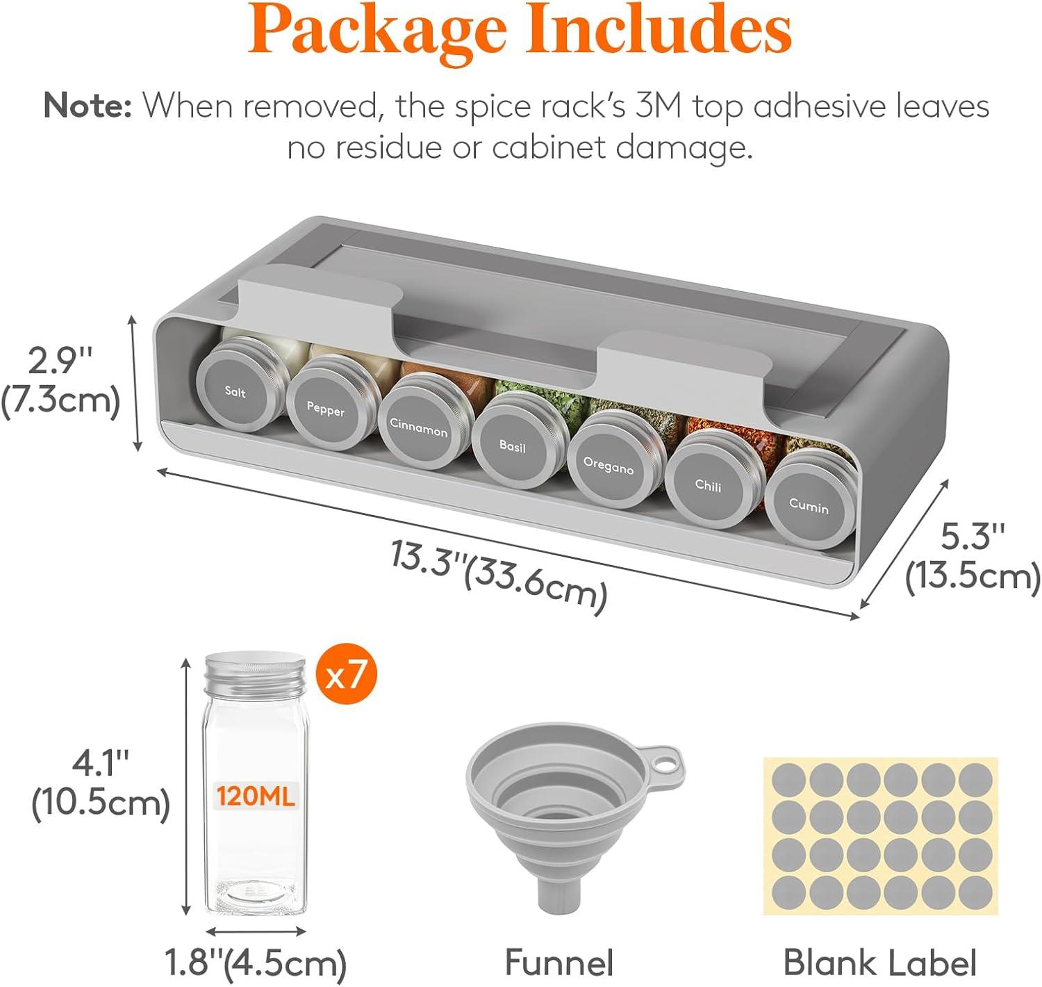 imageLifewit Under Cabinet Spice Rack Organizer with 7 Jars Lables Under Shelf Easy Refilling with Silicone FunnelSeasoning Organizer for Kitchen Storage Solution Gray