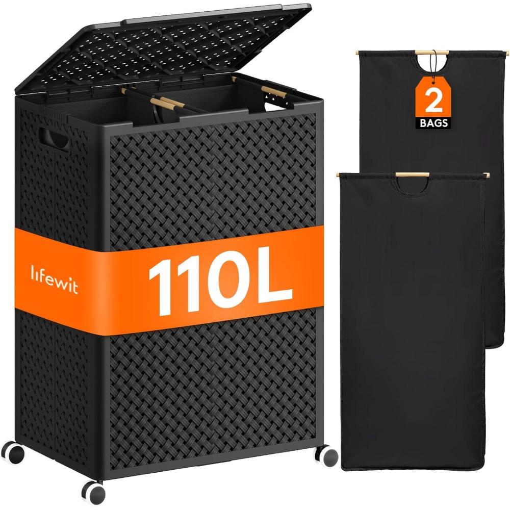 imageLifewit 110L Plastic Double Laundry Basket with Lid Collapsible 2 Section Clothes Hamper with Wheels and Removable Bags Large Rolling 2 Compartment Bin for Laundry Room Bedroom Bathroom Black