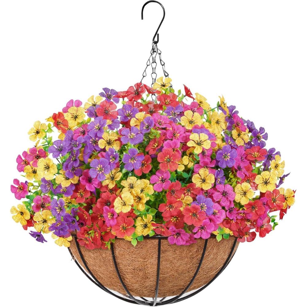 imageLifewit 12 Bundles Artificial Hanging Daisy Flowers Baskets for Outdoor Decor Plastic Fake Flowers for Indoor Garden Porch Patio Balcony Mix for Fuchsia Purple Yellow Red4 Mix Colorfuchsia Purple Yellow Red