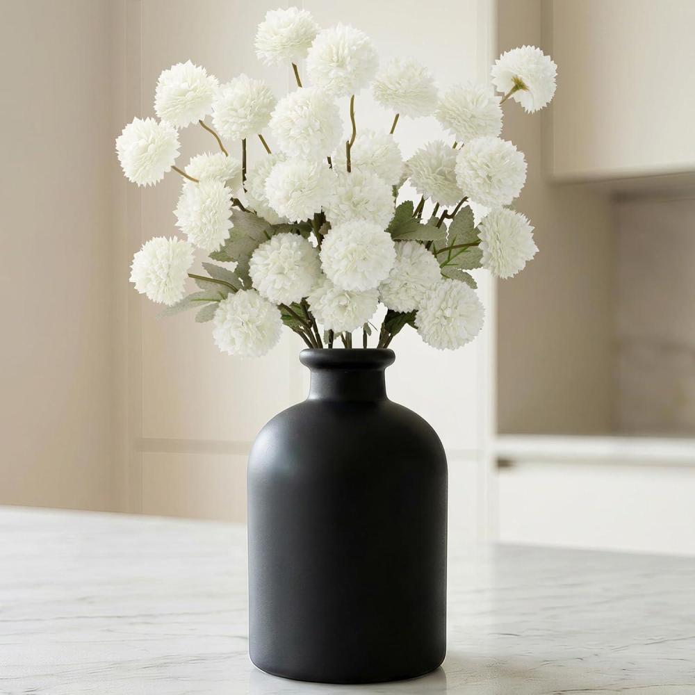 imageLifewit 5 Pcs Beige Artificial Flower for Vase Faux Silk Mums Ball with Long Stems for Home Decor Wedding Bulk Fake Small Chrysanthemums for Floral Arrangement Pom Pom for Bouquets CenterpiecesWhite