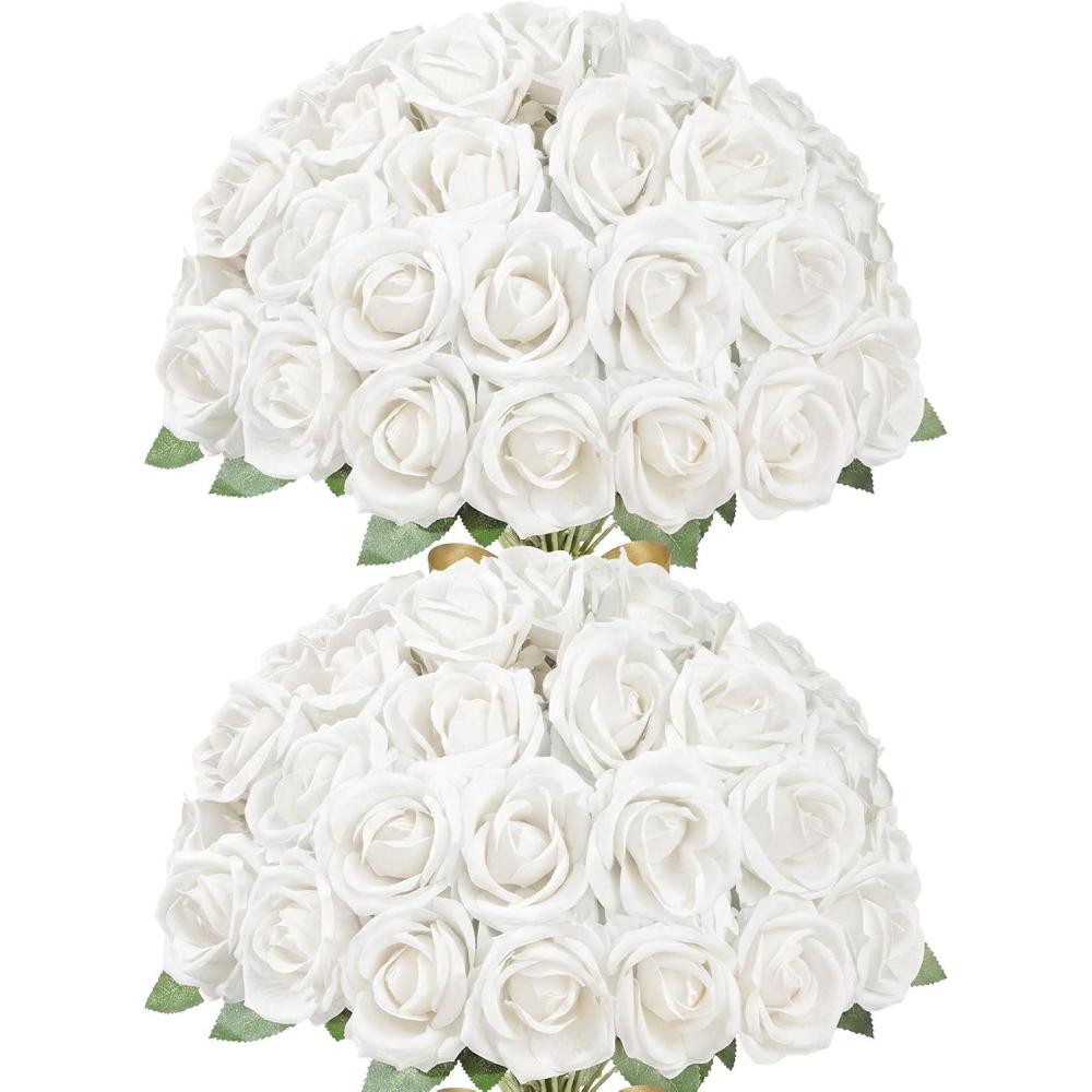 imageLifewit 50 Pcs Red Artificial Roses Flowers in Bulk Fake Long Stem Silk Roses for DIY Wedding Bouquets Centerpieces Arrangements Valentine DecorationsWhite