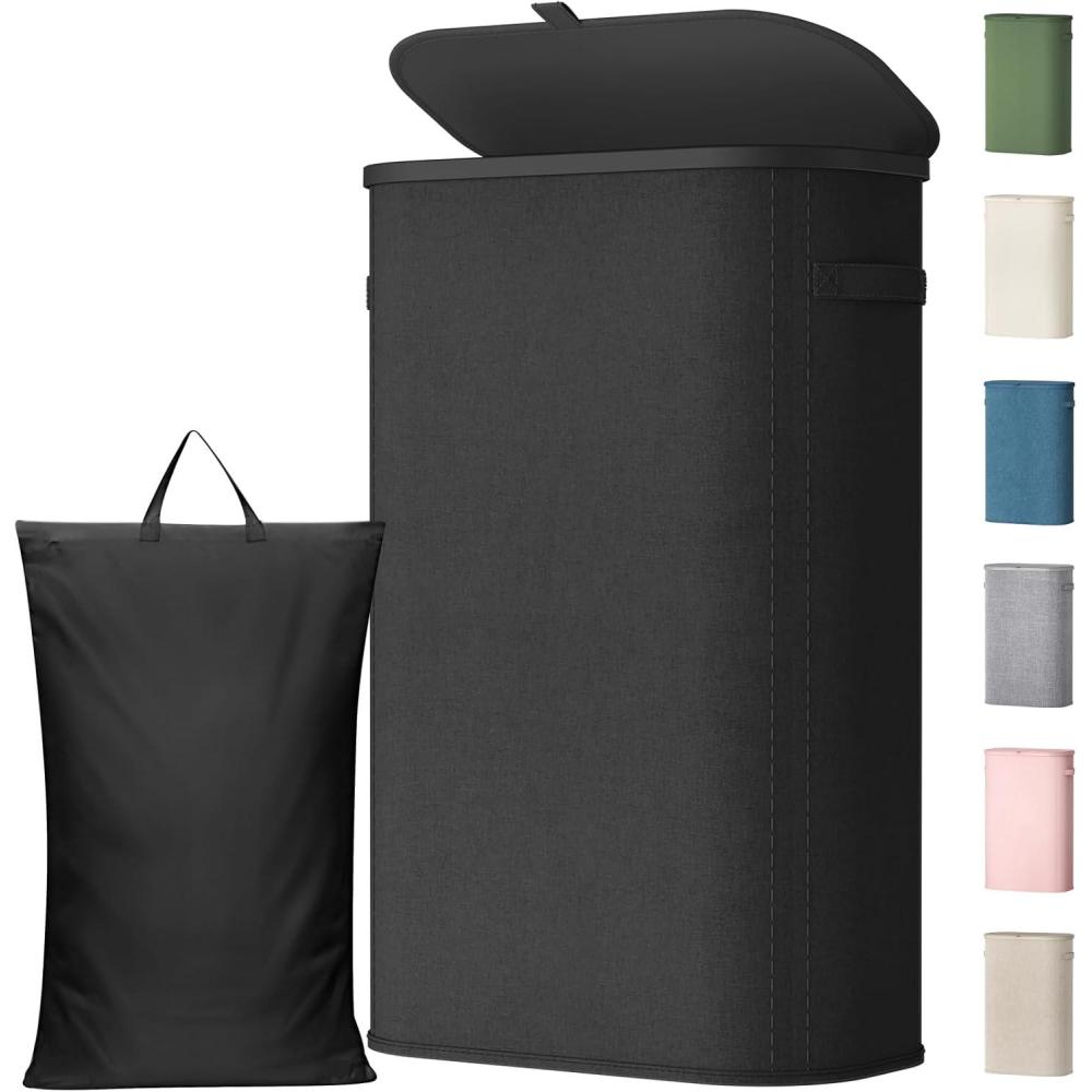 imageLifewit 65L Slim Laundry Basket with Lid Narrow Large Laundry Hamper with Plastic Handles and Removable Bag Tall Foldable Dirty Clothes Hampers for Laundry Room Bedroom Bathroom Dorm PinkBlack
