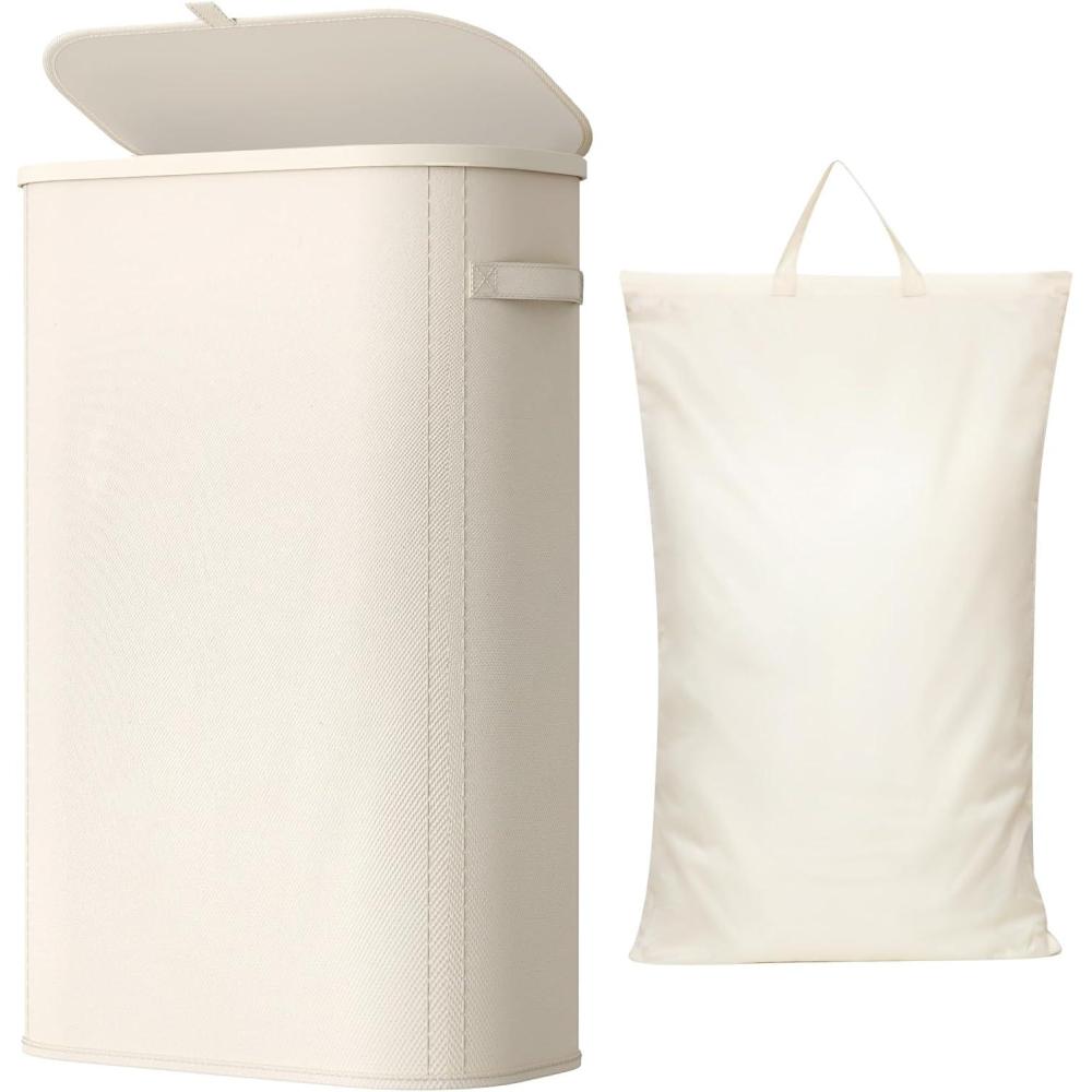 imageLifewit 65L Slim Laundry Basket with Lid Narrow Large Laundry Hamper with Plastic Handles and Removable Bag Tall Foldable Dirty Clothes Hampers for Laundry Room Bedroom Bathroom Dorm PinkWhite