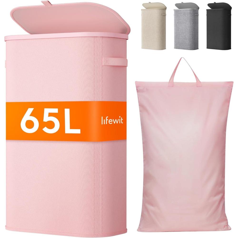 imageLifewit 65L Slim Laundry Basket with Lid Narrow Large Laundry Hamper with Plastic Handles and Removable Bag Tall Foldable Dirty Clothes Hampers for Laundry Room Bedroom Bathroom Dorm PinkPink