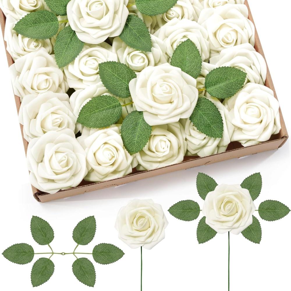 imageLifewit Artificial Flowers 25 Pcs Ivory Foam Real Looking Roses with Stems Fake Roses for DIY Wedding Bouquets Centerpieces Arrangements Valentine DecorationsIvory