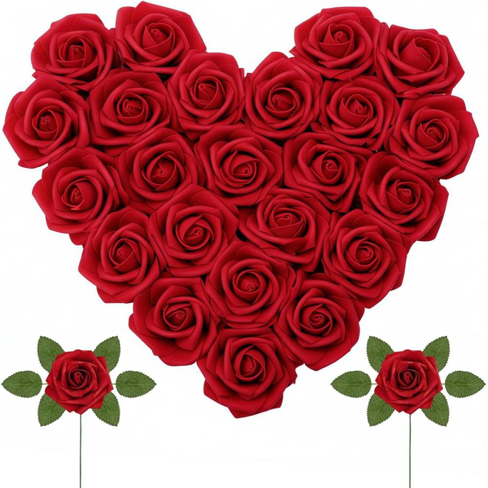imageLifewit Artificial Flowers 25 Pcs Ivory Foam Real Looking Roses with Stems Fake Roses for DIY Wedding Bouquets Centerpieces Arrangements Valentine DecorationsDark Red
