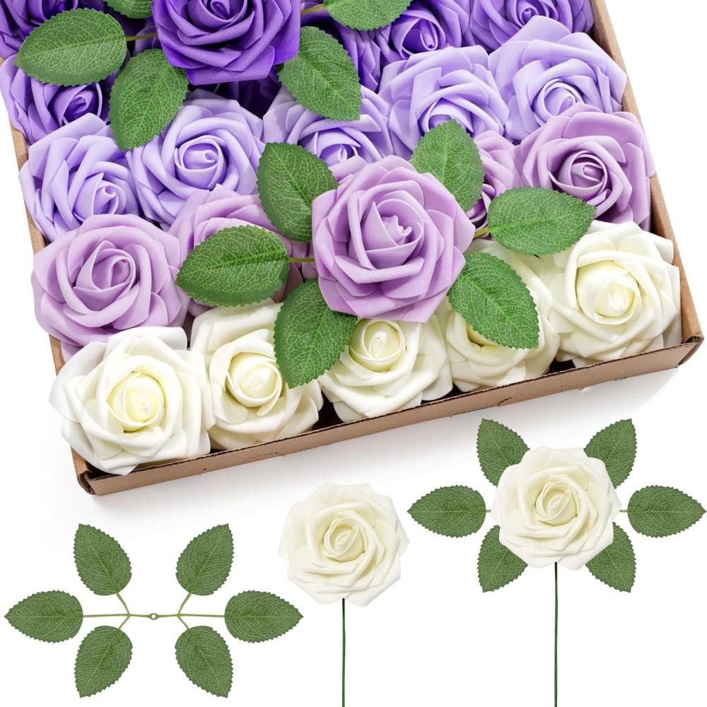 imageLifewit Artificial Flowers 25 Pcs Ivory Foam Real Looking Roses with Stems Fake Roses for DIY Wedding Bouquets Centerpieces Arrangements Valentine DecorationsIvory Purple Mix