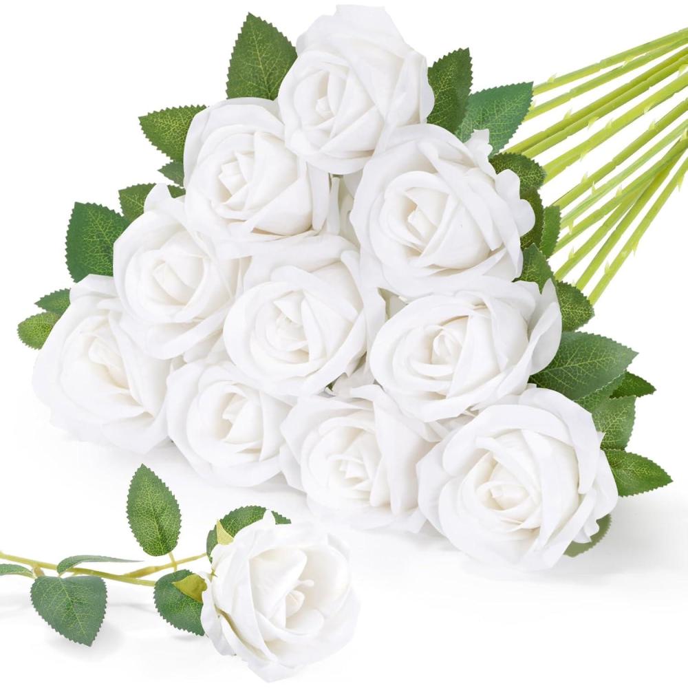 imageLifewit Classic Red Artificial Roses Flowers Faux Long Stem Silk Roses Bulky for DIY Wedding Bouquets Decoration Centerpieces Arrangements Velentine12 PcsWhite