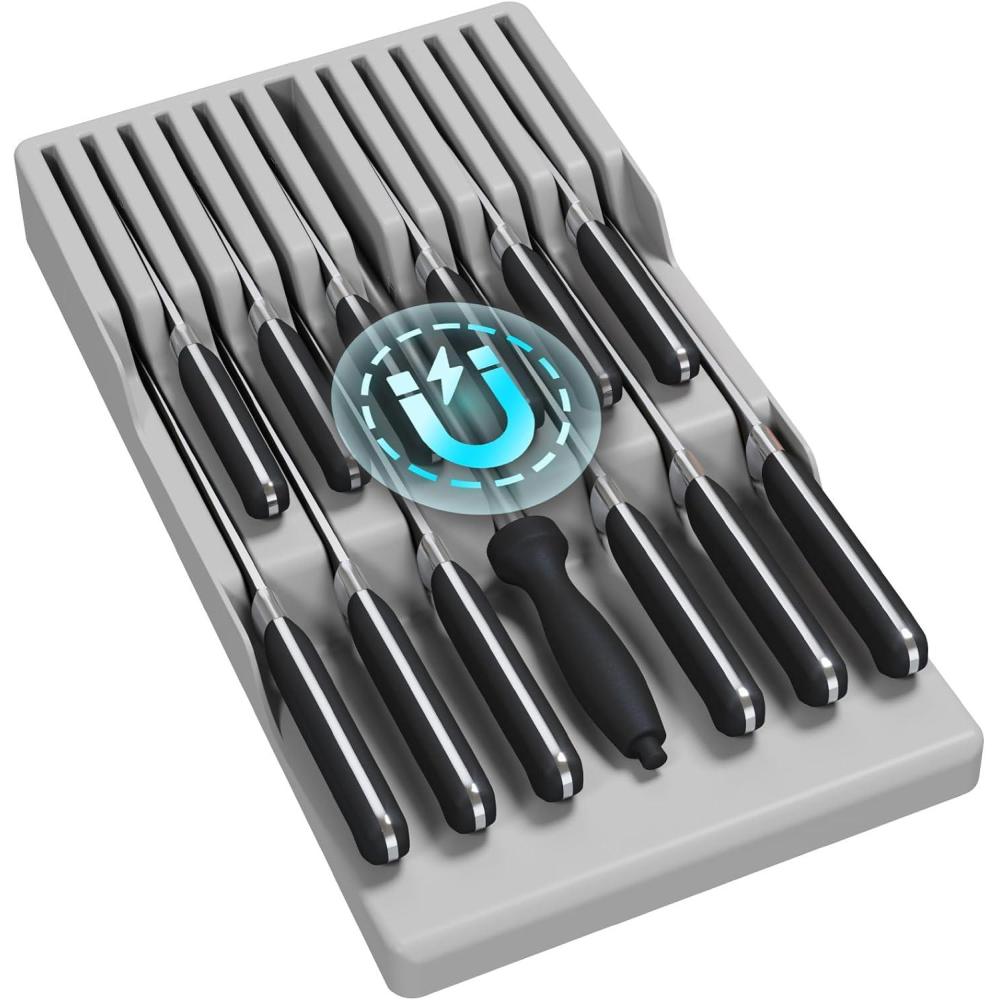 imageLifewit Magnetic Drawer Knife Organizers Insert Kitchen Plastic In Drawer Knife Block Slots Steak Chefs Knives Holder Storage Sets for 12 Knives and 1 Sharpening Steel Large GrayGray
