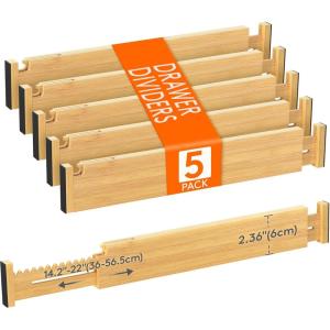 Lifewit 2.36″ High 5 Pack Bamboo Drawer Dividers, 14.2-22″ Expandable Kitchen Drawer Dividers, Adjustable Drawer Dividers for Clothes, Drawer Separators for Dresser, Kitchen, Bedroom, Bathroom