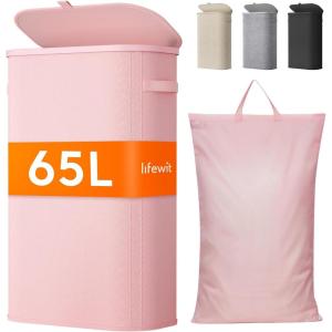 Lifewit 65L Slim Laundry Basket with Lid, Narrow Large Laundry Hamper with Plastic Handles and Removable Bag, Tall Foldable Dirty Clothes Hampers for Laundry Room, Bedroom, Bathroom, Dorm, Pink(Pink)