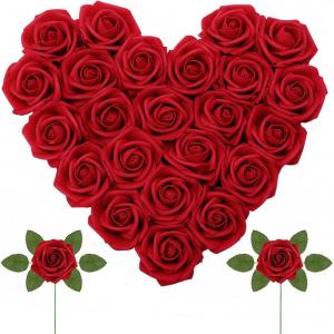 Lifewit Artificial Flowers, 25 Pcs Ivory Foam Real Looking Roses with Stems, Fake Roses for DIY Wedding Bouquets, Centerpieces Arrangements, Valentine Decorations(Dark Red)