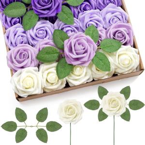 Lifewit Artificial Flowers, 25 Pcs Ivory Foam Real Looking Roses with Stems, Fake Roses for DIY Wedding Bouquets, Centerpieces Arrangements, Valentine Decorations(Ivory & Purple Mix)