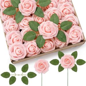 Lifewit Artificial Flowers, 25 Pcs Ivory Foam Real Looking Roses with Stems, Fake Roses for DIY Wedding Bouquets, Centerpieces Arrangements, Valentine Decorations(Blush)