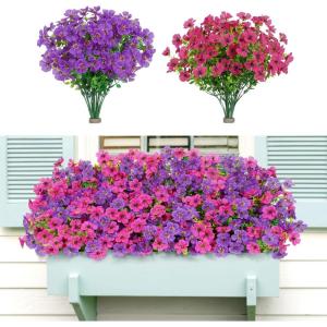 Lifewit Artificial Flowers for Outdoors, 24 Bundles Plastic Fake Flowers Daisy for Home Garden Decor, Faux Plants for Spring Summer Porch, Window Box, Vase Decoration(6 Mix Color)(Fuchsia & Purple)