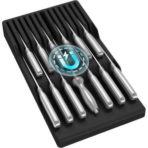 Lifewit Magnetic Drawer Knife Organizers Insert, Kitchen Plastic In Drawer Knife Block Slots, Steak Chefs Knives Holder Storage Sets for 12 Knives and 1 Sharpening Steel, Large, Gray(Black)