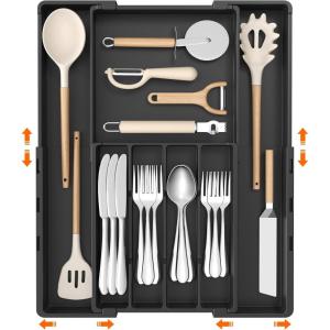Lifewit Silverware Drawer Organizer, Expandable Utensil Tray for Kitchen, BPA Free Flatware and Cutlery Holder, Adjustable Plastic Storage for Spoons Forks Knives, 4-7 Slots, Black(M(8.9-14.3″W x 11.3-19.4″D))
