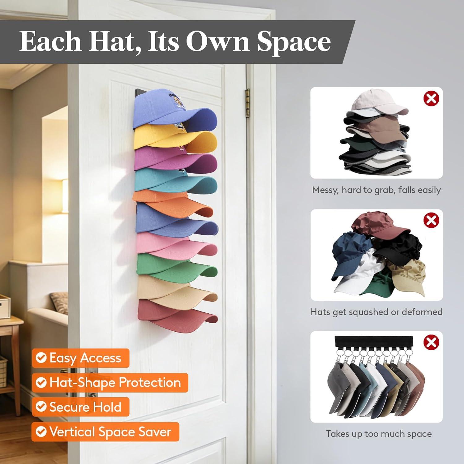 imageLifewit WallMounted Hat Organizer 20 Baseball Caps Storage with Elastic Clamp Each Holds 10 OvertheDoor Hat Rack Dual Installation with Nails or Adhesive Closet Cap Holder Black 2Pack2