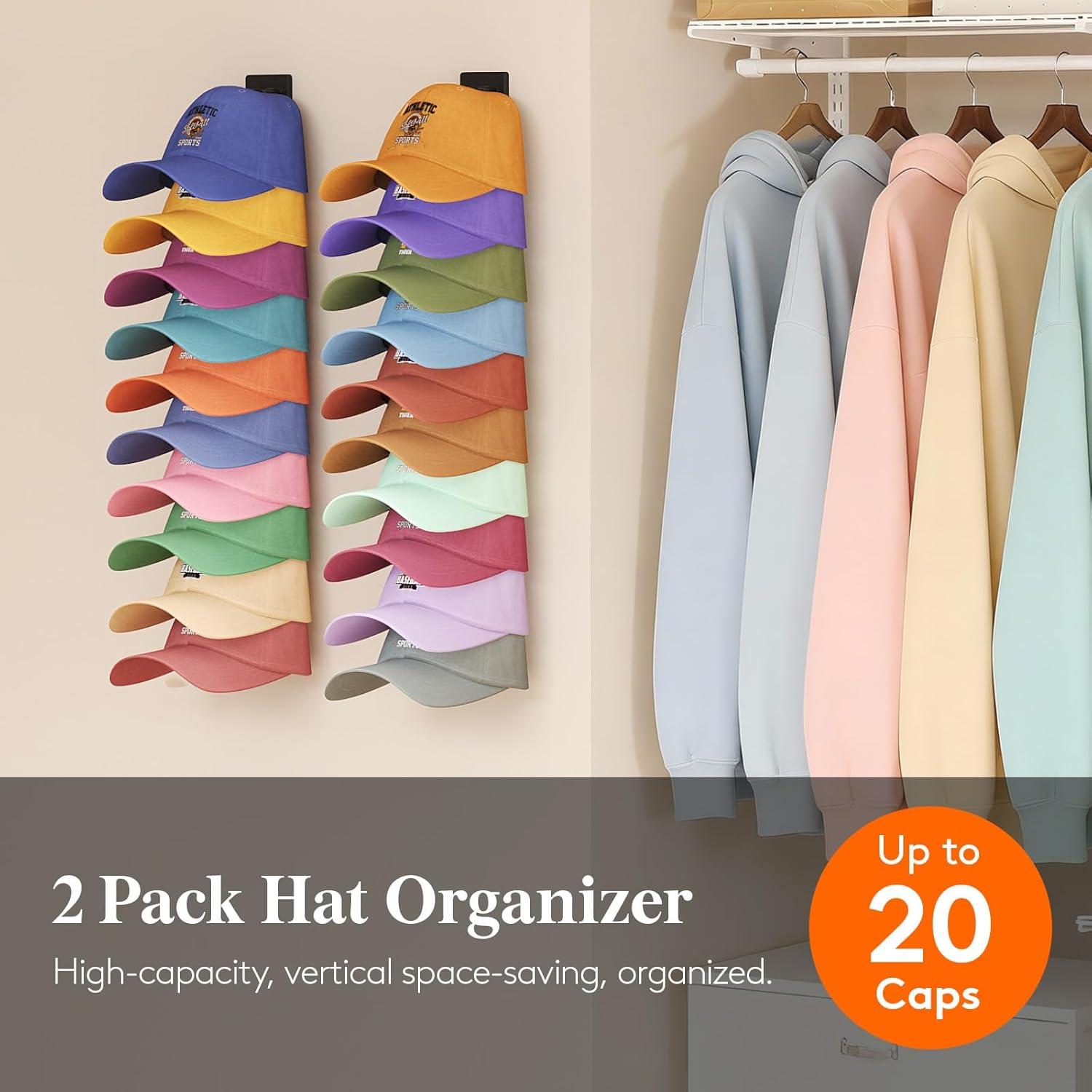 imageLifewit WallMounted Hat Organizer 20 Baseball Caps Storage with Elastic Clamp Each Holds 10 OvertheDoor Hat Rack Dual Installation with Nails or Adhesive Closet Cap Holder Black 2Pack2