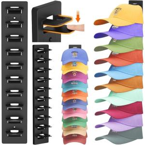 Lifewit Wall-Mounted Hat Organizer, 20 Baseball Caps Storage with Elastic Clamp (Each Holds 10), Over-the-Door Hat Rack, Dual Installation with Nails or Adhesive, Closet Cap Holder, Black, 2-Pack(2)
