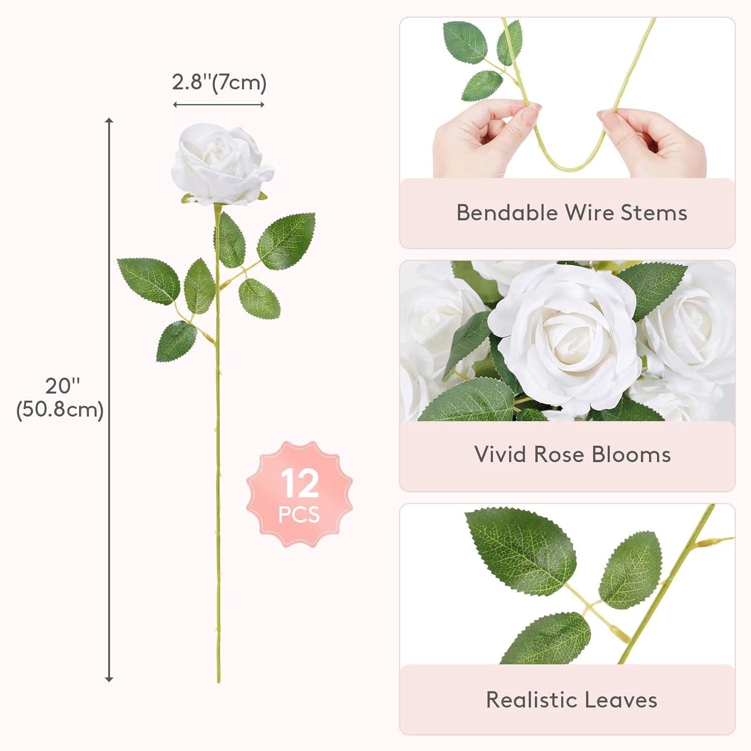 Lifewit 12 Pcs White Artificial Roses Flowers in Bulk, Fake Long Stem ...