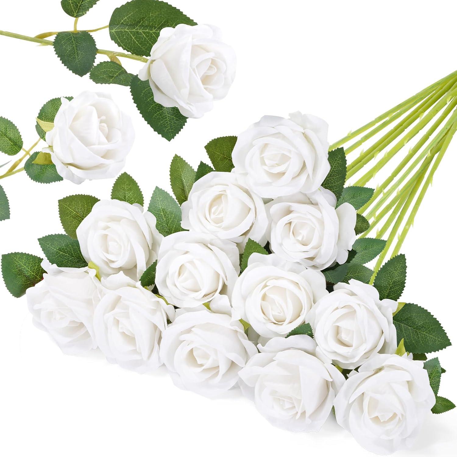 Lifewit 12 Pcs White Artificial Roses Flowers in Bulk, Fake Long Stem ...