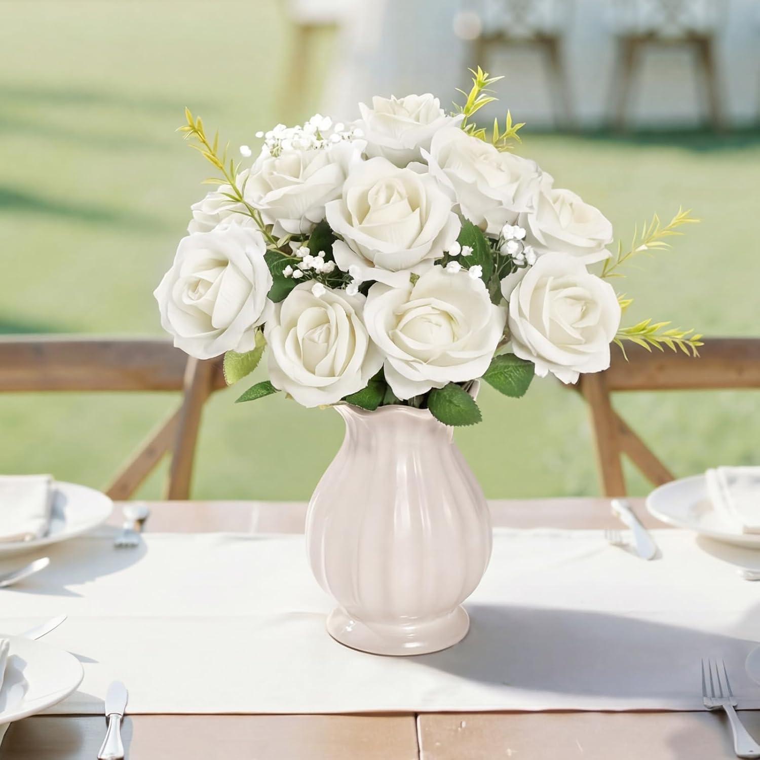 Lifewit 12 Pcs White Artificial Roses Flowers in Bulk, Fake Long Stem ...