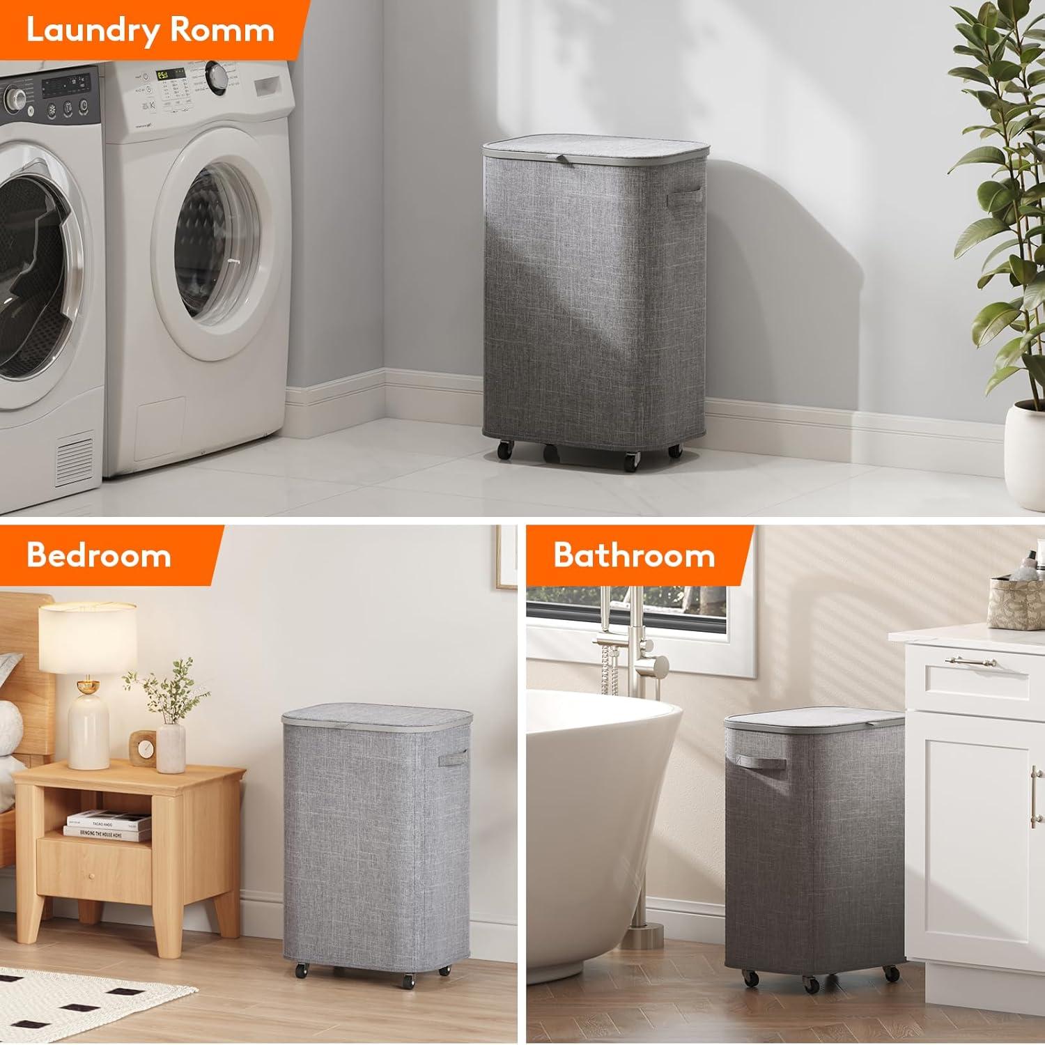imageLifewit 85L Plastic Laundry Basket with Lid Large Clothes Hamper with Wheels and Removable Bag Tall Collapsible Rolling Storage Bin for Dorm Bedroom Bathroom BeigeLight Gray