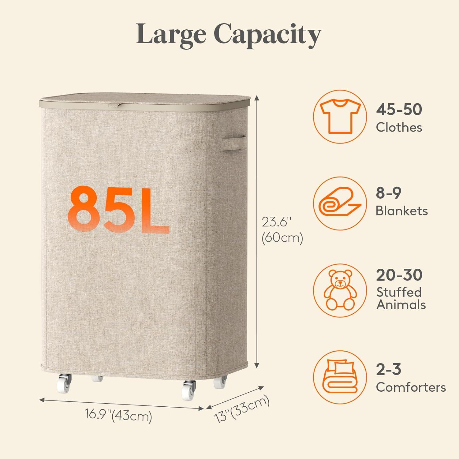 imageLifewit 85L Plastic Laundry Basket with Lid Large Clothes Hamper with Wheels and Removable Bag Tall Collapsible Rolling Storage Bin for Dorm Bedroom Bathroom BeigeBeige